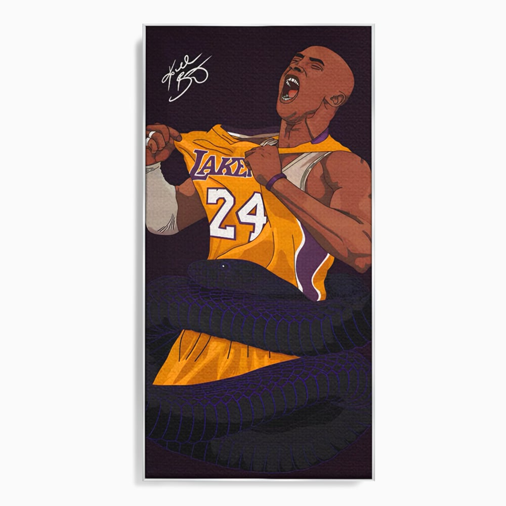 Tablou canvas cu ilustratie digitala portret kobe bryant, in rama de aluminiu argintiu